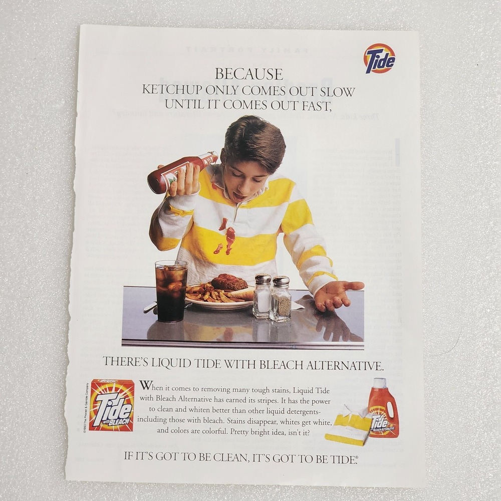 Vintage 1993 Liquid Tide Print Ad Ketchup Boy Bleach Alternative Clipping 8x10